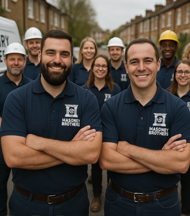 A group of construction workers, wearing navy blue "Masonry Brothers" shirts, stands smiling on a residential street. Two men are in front with arms crossed.