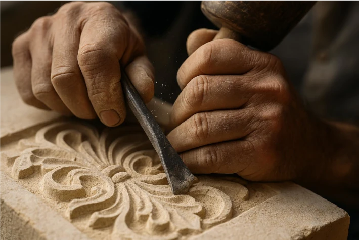Close-up of hands using a chisel and mallet to carve an ornate floral pattern into a piece of stone.