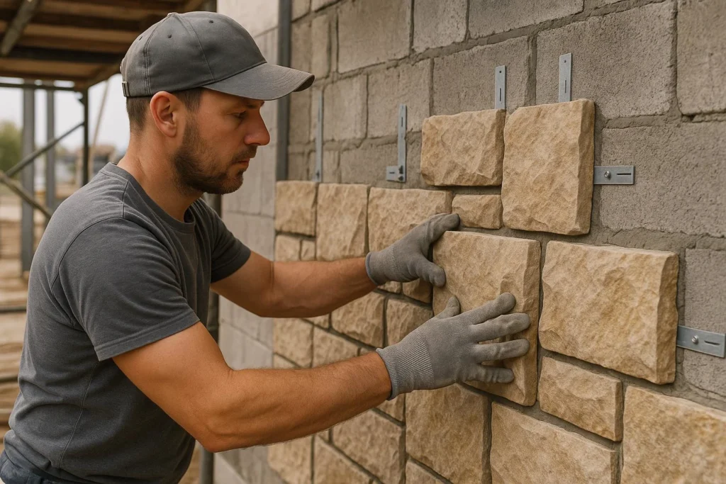 A man wearing gloves and a cap installs artificial stone panels onto a wall, carefully aligning the pieces using metal brackets.