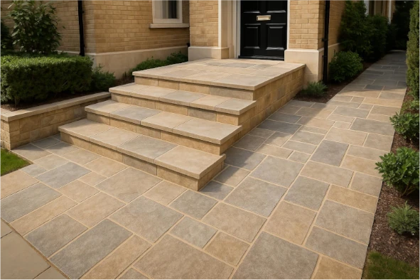 Stone tile steps and walkway lead to the front door of a tan brick house, bordered by neatly trimmed shrubs and small green plants.